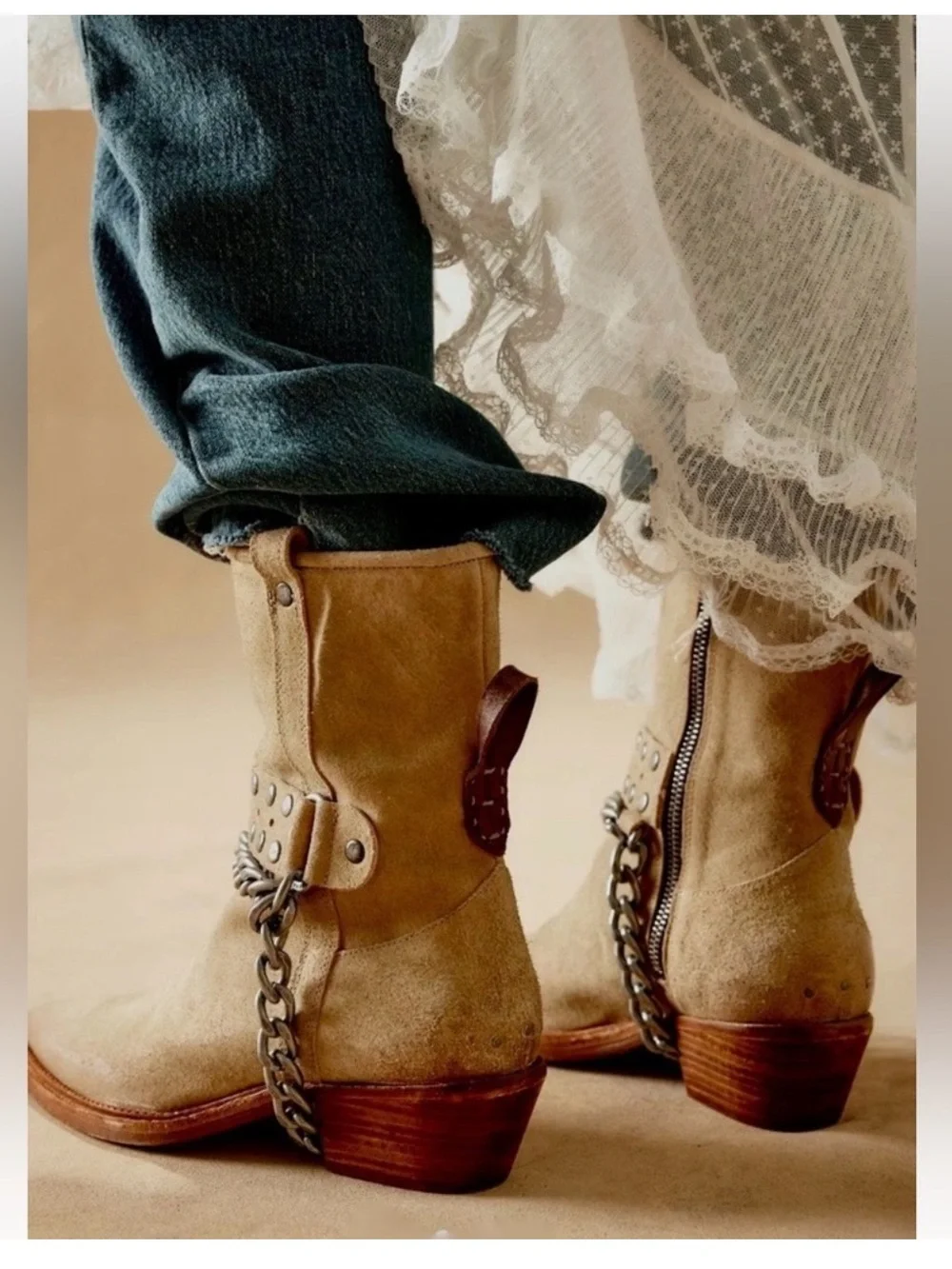 Free People Aiden  Chain Boots camel oiled suede